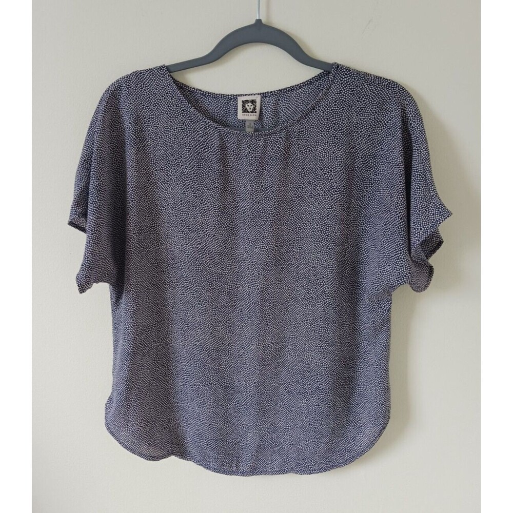 Anne Klein Women's S Blue White Polka Dot Short Sleeve Scoop Neck Blouse S